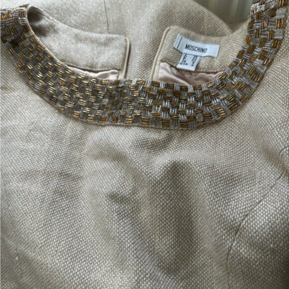 Moschino Vintage Y2K Beaded Gold A Line Mini Dress Metallic Wool Cotton Neutral - Picture 6 of 16